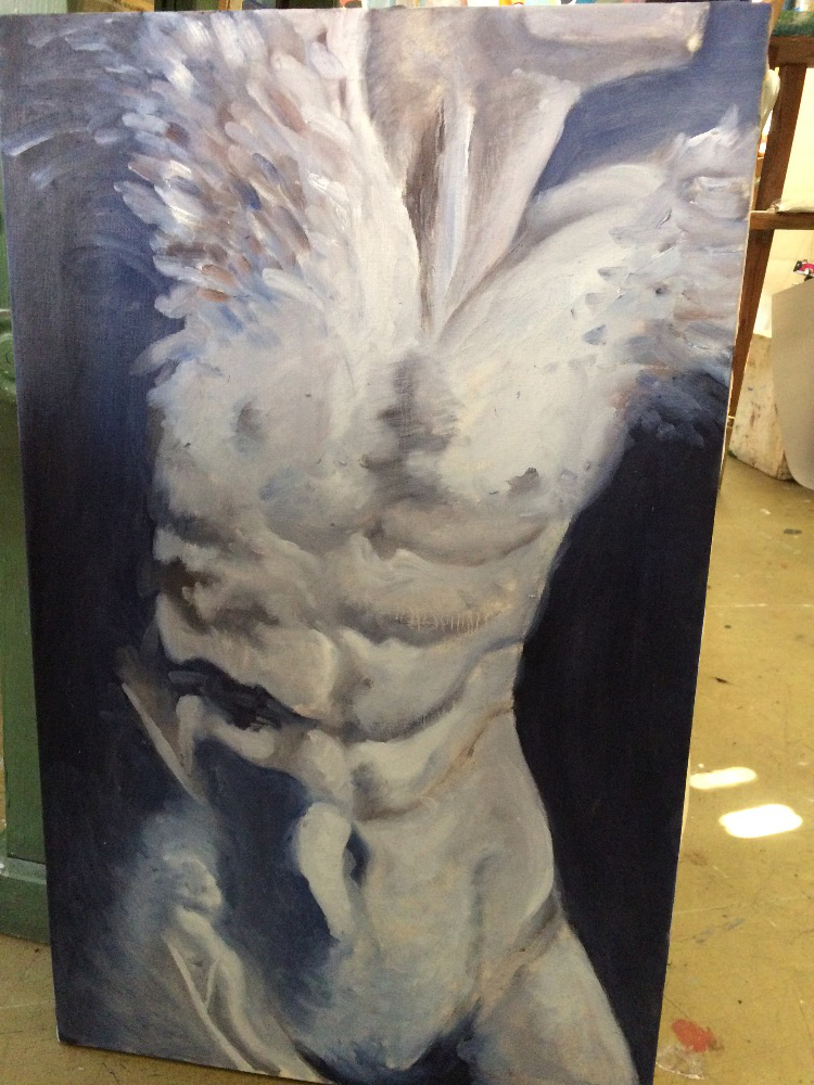 Photo painting blue man's act with wings.